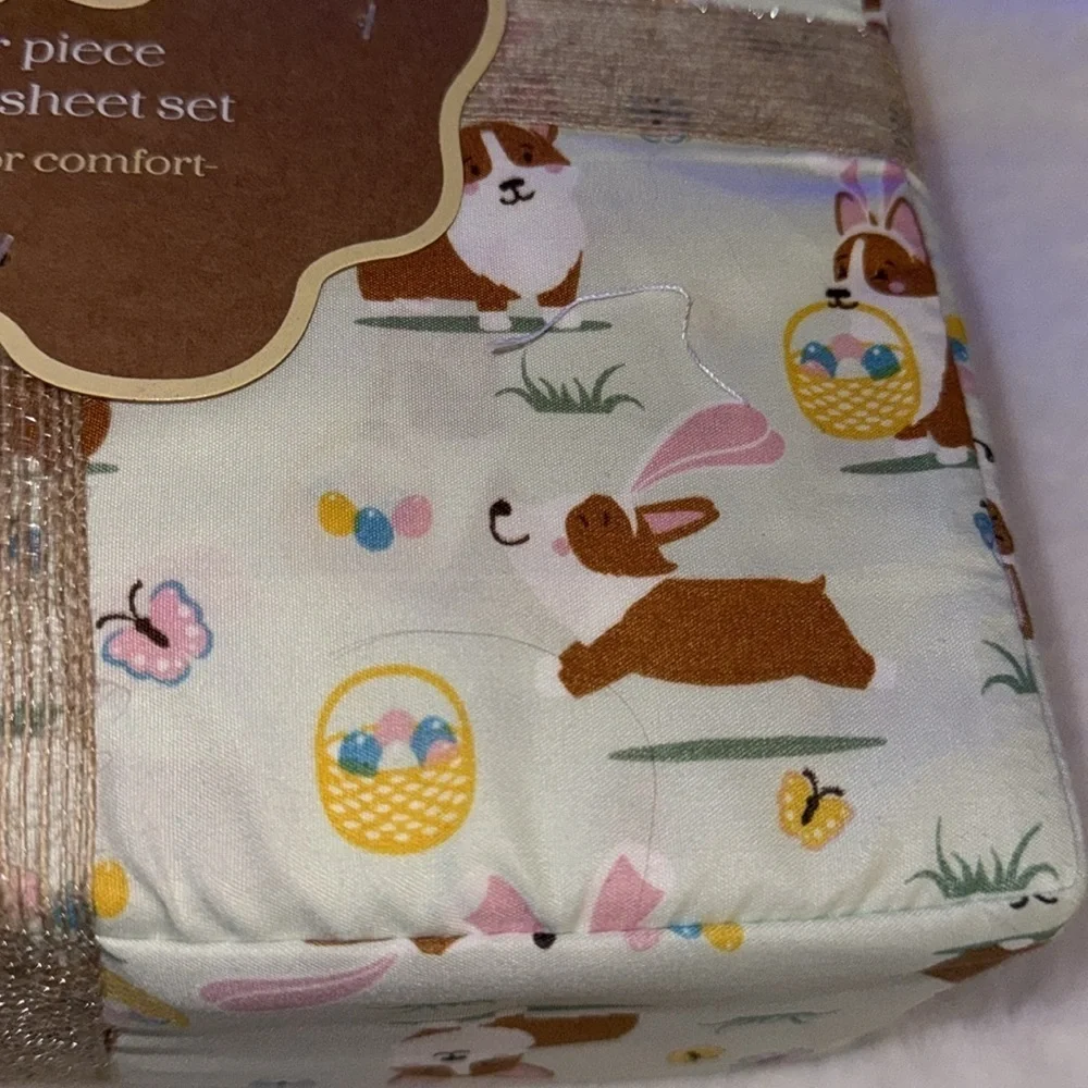 Easter corgi dog four piece queen sheet set. 🐣🐰
